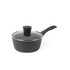Grey saucepan with glass lid and black handle, shown on white background