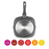 Grey square frying pan showing base, compatible with gas, electric, halogen, radiant ring, induction hobs, dishwasher safe.