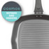 Grey non-stick grill pan with ribbed base, partial view. Modern Cosmos branding badge.