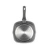Black non-stick square frying pan, viewed from base, with silver induction bottom