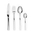 Set of four silver stainless steel cutlery pieces on white background: knife, fork, tablespoon, teaspoon.