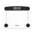 Glass bathroom scale with black accents and digital display, showing zero, Salter branding
