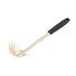 Gold pasta server with black handle, shown at angle on white background