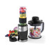 Black and silver blender set with smoothie cup, jug, and assorted fruit and veg