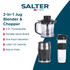 Black and silver blender set with smoothie cup, jug, and assorted fruit and veg