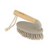 Grey oval cleaning brush with bamboo handle and hanging rope, angled for easy grip