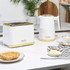 White two-slice toaster with gold trim, front view, Salter branding