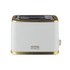 White two-slice toaster with gold trim, front view, Salter branding