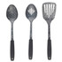 Set of 3 speckled black kitchen utensils with black handles: spoon, slotted spoon, slotted turner