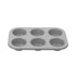 Grey non-stick 6-cup muffin tray, shown empty, angled front view