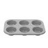 Grey non-stick 6-cup muffin tray, shown empty, angled front view