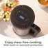 Electric soup maker top view, display and control panel, vegetables beside, mess-free feature