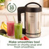 Soup maker with two smoothies in glasses, fresh fruit, and text: make smoothies too.