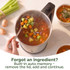 Soup maker in use, lid removed to add chopped vegetables, with text highlighting auto memory feature.