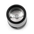 Stainless steel grinder bowl with blade, shown from above.