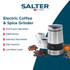 Salter stainless steel electric coffee grinder with visible beans, on wooden kitchen worktop