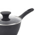 Black non-stick saucepan with glass lid and handle, shown at an angle