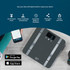 Black Salter smart bathroom scale with Bluetooth and app syncing, shown with phone.