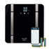 Black digital bathroom scale with Bluetooth, three AAA batteries, and a smartphone health app shown
