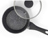 Grey speckled non-stick saucepan with glass lid and black Salter handle, top view