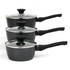 Set of three grey saucepans with glass lids and black handles, stacked side by side