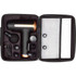 Black massage gun set with multiple attachments and USB cable in zipped carry case