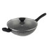 Grey speckled non-stick wok with glass lid and black handles