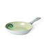 Light grey ceramic non-stick frying pan with pale green interior, shown from side angle.