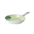 Light green ceramic frying pan with PFAS free label, shown from angled side view