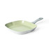 Square green ceramic grill pan with light grey handle, shown angled on white background