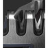 Close-up of knife blade in a multi-stage metal knife sharpener, showing sharpening slots.