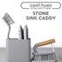Stone grey sink caddy set with washing up brush, scrubbing brush, and sponges.
