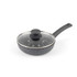 Grey non-stick egg poaching pan with four cups and glass lid