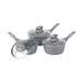 Set of three grey non-stick saucepans with glass lids, displayed on white background.