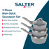 Three-piece grey non-stick saucepan set with glass lids, stacked side view.