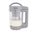 Grey Salter plant milk maker filled with milk, shown upright with handle and lid.