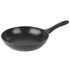 Black non-stick frying pan with textured interior, shown angled on white background.
