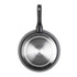 Black non-stick frying pan shown base up with induction-compatible silver bottom and black handle