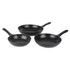 Set of three black non-stick frying pans with textured interior, shown on white background