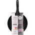 Salter 3 piece non-stick fry pan set with black handles, shown stacked in packaging