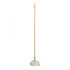 Cotton string mop with bamboo handle and blue plastic grip, shown upright on white background