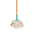 Cotton string mop with bamboo handle and blue plastic hinge, shown upright.