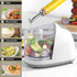 Food processor on kitchen counter with oil being poured in, ready to make salsa, mayonnaise, guacamole or hummus