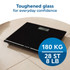 Black digital bathroom scale with toughened glass, 180kg capacity