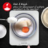 Digital kitchen scale showing add and weigh feature with egg, flour, butter and sugar in bowl.