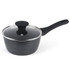 Black saucepan with glass lid and long handle, shown on white background