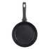Black non-stick frying pan with textured base, top-down view