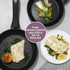 Promotional image: non-stick frying pans with cooked fish and vegetables, tough and PFOA-free.