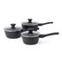 Set of three black saucepans with glass lids and handles, shown for kitchen cookware.