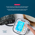 Person using a Salter Bluetooth blood pressure monitor, promoting app compatibility.